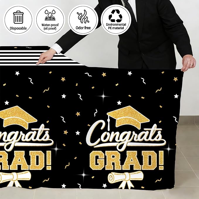7-Pack Graduation Party Decorations Set, 3 Black Gold Graduation Tablecloths 54x108in, 2026 and Grad Balloons, 2 Foil Fringe Curtains for High School College Graduation Party Photo Booth