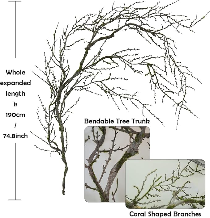 190cm/74.8inch Artificial Creepy Flexible Tree Branches Faux Grape Vines Garland Twigs with Moss Wood Craft for Halloween Door Wall Hanging Cottage Haunted Mansion Theme Outdoor Mantel Decoration (1)