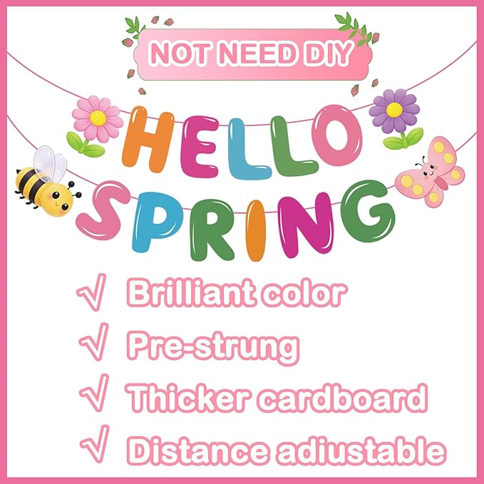 Hello Spring Banner,Colorful Spring Party Decorations with Bee, Butterfly & Flower for Spring Theme Party, Classroom,Office,Home Decor (No DIY Needed)