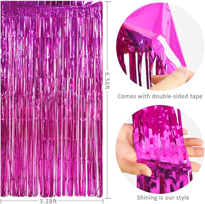 TONIFUL 3-Pack Door Streamers, Metallic Photo Booth Backdrop with Foil Fringe Curtain for Birthday, Bridal Shower, Bachelorette Party Decor (9.9ft x 6.6ft, Pink)
