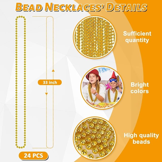 50PCS Mardi Gras Beads, Gold Bead Necklace Stuff, 33" Mardi Gras Christmas Beads Necklace Costume, Festival Parade Throw Accessories for Mardi Gras St Patricks Xmas Wedding Birthday Supplies Decor