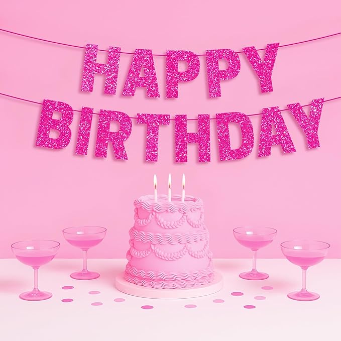 Pre-strung Happy Birthday Banner - No DIY - Hot Pink Glitter Happy Birthday Party Banner for Girls & Women - Pre-strung on 8 ft Strands - Hot Pink Bday Party Decorations & Decor. Did We Mention No DIY