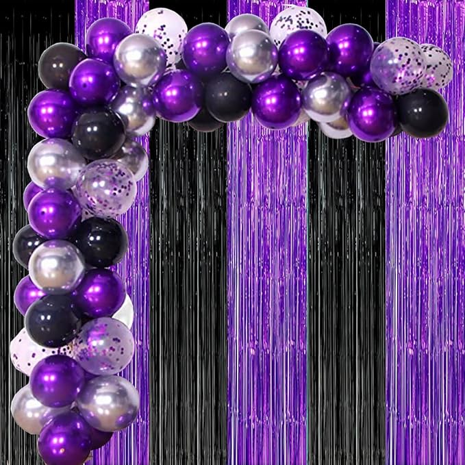 Graduation Decorations 2026 Purple Black Foil Fringe Backdrops, Black Purple Party Decorations Streamer Tinsel Curtains for Graduation Birthday Halloween Party(3 Pack)