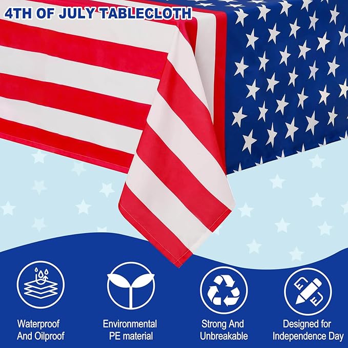 4th of July Tablecloth, 2 Pcs Fourth of July Patriotic Tablecloth, 54 X 108 Inch Disposable Plastic Waterproof Table Cover for Veterans Day Election Day Independence Day Party Decorations