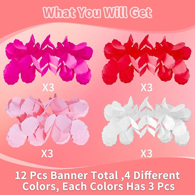 Pink-Red Valentines-Day Party-Decorations Garland Banner - Four-Leaf Clover Streamers Hanging Birthday Decor Wedding Baby Bridal Shower Girl Home Party Backdrop Engagement Bachelorette Garsellen