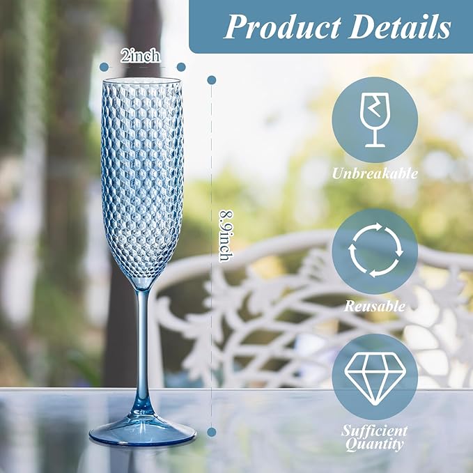 24 Pack Plastic Champagne Flutes Vintage Light Blue Goblet Champagne Glasses Unbreakable Wedding Toasting Glasses Diamond Wine Glasses Crystal Wine Cups Clear Drinking Glasses 5.5 OZ for Bridal Shower