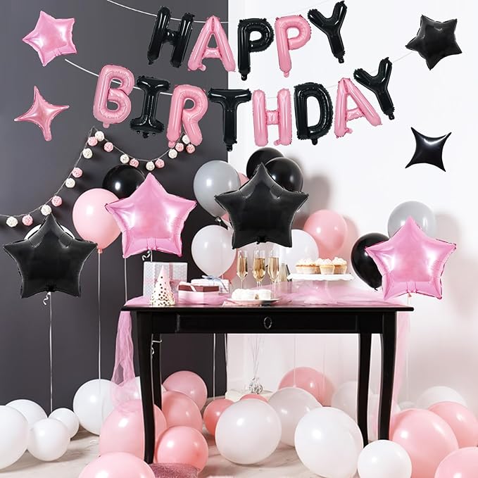 TONIFUL 35PCS Black Pink Happy Birthday Decorations Kit 16 Inch Happy Birthday Balloon Banner with Star Balloons Mylar Foil Birthday Party Decorations Supplies for Men Women Adults Girls Boys Kids