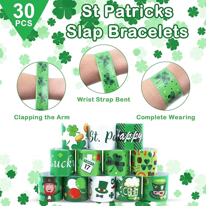St. Patrick's Slap Bracelets for Kids 36PCS Bulk Shamrock Snap Bracelets St Patricks Day Party Favors Goodie Bag Stuffers Supplies St Patricks Day Accessories Treats Green Irish Gifts Toys for Kids