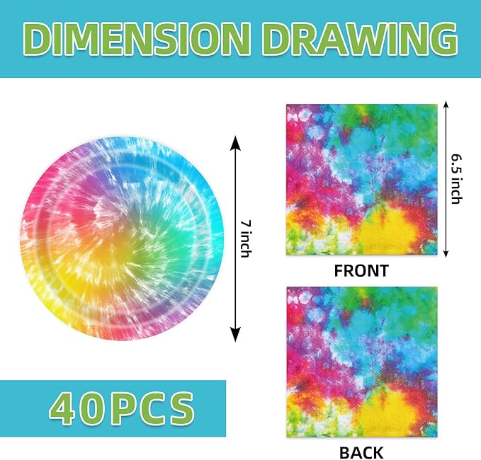 40Pcs Tie Dye Birthday Party Plates and Napkins for 20 Guests Tableware Supplies Colorful Tie Dye for Kids Baby Shower Birthday Party Decorations