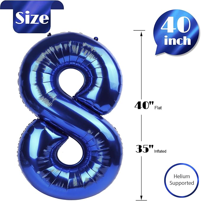 Night Blue Number 8 Balloon 40 Inch, 8 Balloon Number, 8th Birthday Decorations, Night Blue Party Supplies for Boys Girls
