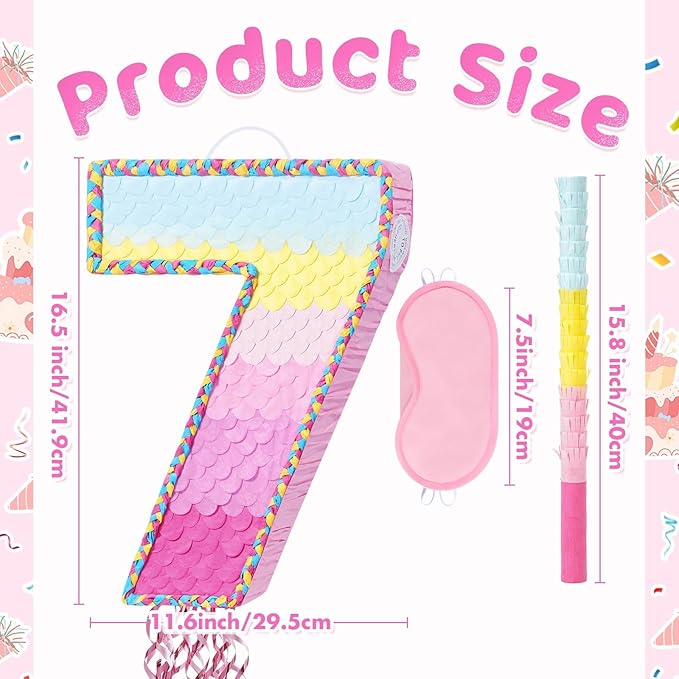 WERNNSAI Number 7 Piñata – Pink 7th Birthday Party Decorations Rainbow Ombre Seven Piñata for kids girls with Blindfold and Stick for 7 Year Birthday Supplies Princess Anniversary Decoration