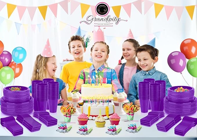 Grandipity 720 Piece Disposable Dinnerware Set, Plastic Dinnerware Set Includes 120 Count 9' Dinner Plates, 7' Dessert Plates, 12oz Cups, Forks, Knives & Spoons - Purple
