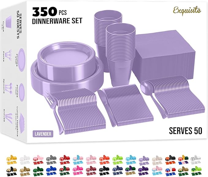 350 Pcs Lavender Plastic Plates For Party, Lavender Disposable Plates Set, 50 Of Each 9" Dinner Plate Set, 7" Dessert Plate, Cups, Napkins & Cutlery Plastic Dinnerware Set Exquisite