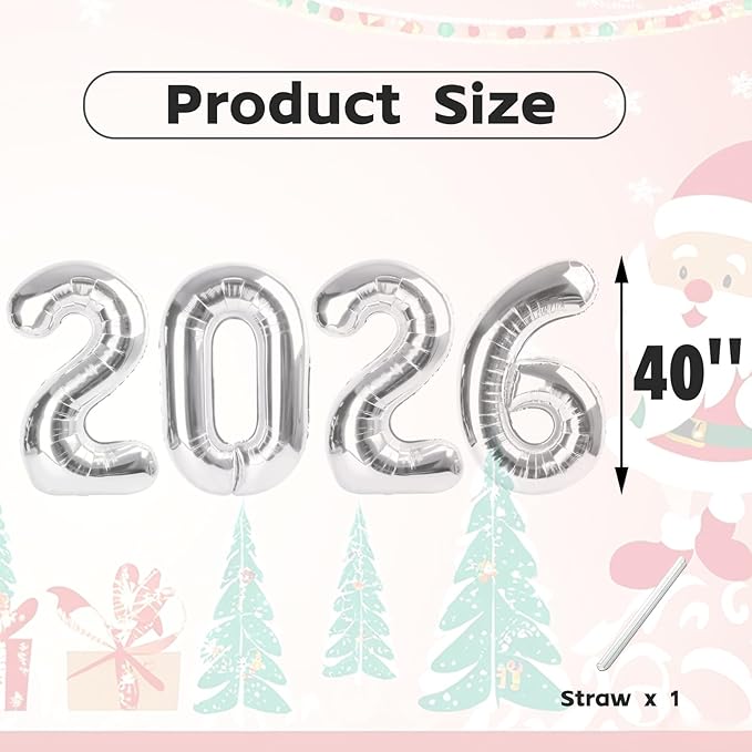 Silver Number Balloons, 40 Inch 2026 Number Balloons, New Years Decorations, 2026 Balloon for Graduation Happy New Year and 2 6 20 26 Birthday Parties