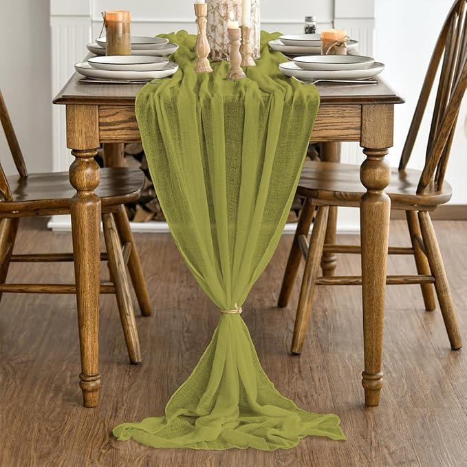 Artoid Mode 6pcs Boho Cheesecloth Gauze Grass Green Wedding Table Runner, 120 Inch Seasonal Spring Fabric Kitchen Dining Holiday Table Decor for Home Party Indoor