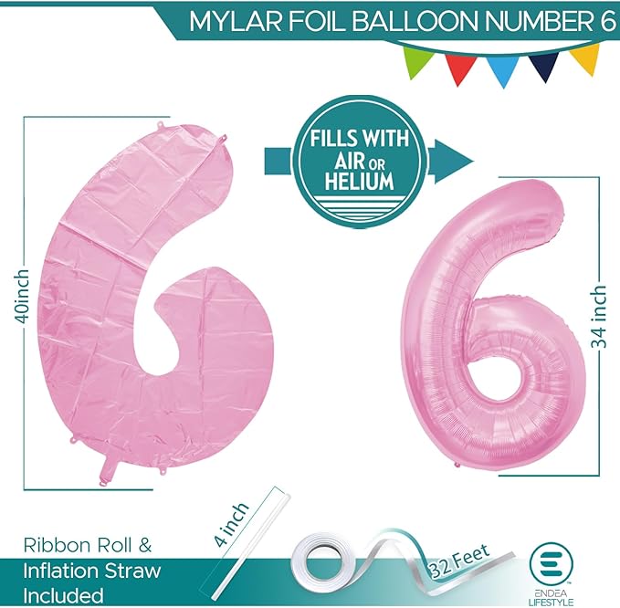 40 Inch Large Pink Number Celebration and Decoration Balloon for Birthday Parties, Graduations, Anniversaries, Weddings, Photo Shoots, Special Events - Helium Foil Mylar (Pink Number 6)