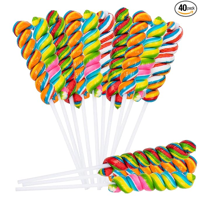Rainbow Twisty Pops, 40 Pack | Individually Wrapped Swirl Lollipops | Bulk Candy for Birthday Party Favors, Candy Buffets, Pinata Filler & Carnival Prizes