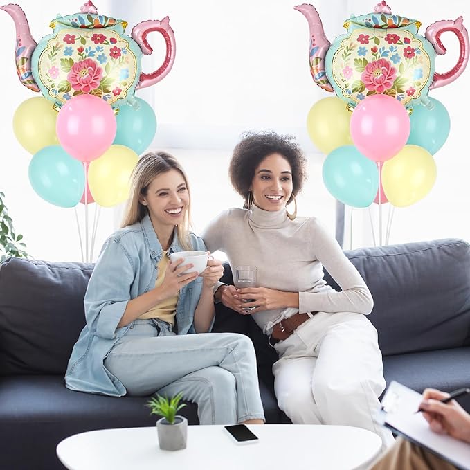 Tea Party Balloons Stand Kit 2 Sets with 2 Huge Teapot Foil Balloons Tea Garden Themed Balloon Centerpiece for Tables for Picnic Birthday Party Supplies Baby Shower Teapots Themed Decorations