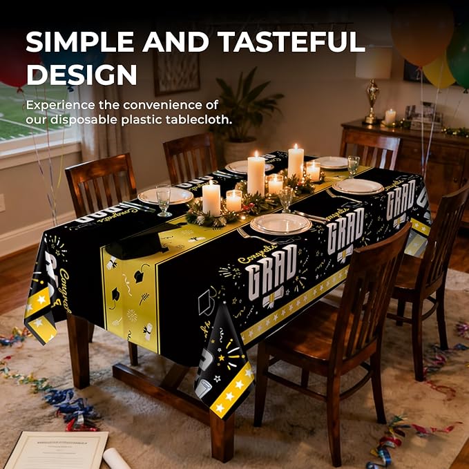 6 Pack Disposable Plastic Tablecloth 54" x 108" Black Class of 2026 Grad Party Table Cloths Disposable for 6 to 8 Foot Tables Graduation Party Indoor or Outdoor (Graduation Black)