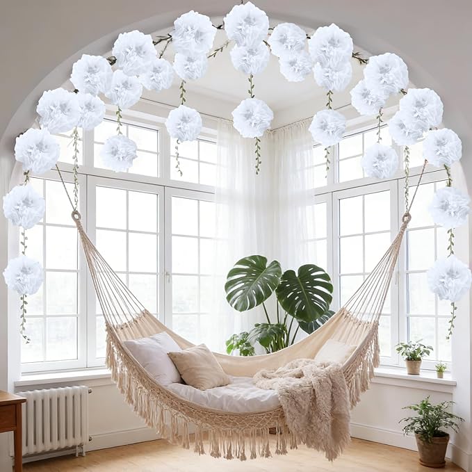 White Flower Garland for Backdrop - 2 Pcs Artificial Paper Floral Garlands for Wedding Home Decor, 8.2 Ft Hanging Fake Flower Vines for Room Wall Table Garden Decoration Aesthetic
