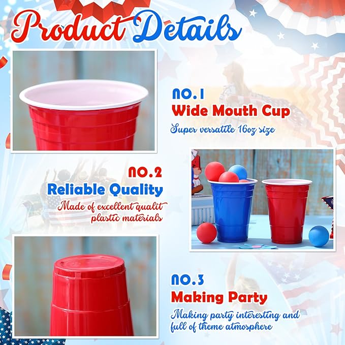 32 Pieces Veterans Day Party Supplies 24 Pcs Red Blue 16 oz Plastic Cup and 8 Pcs Ball Set for Party Game Independence Day Decorations