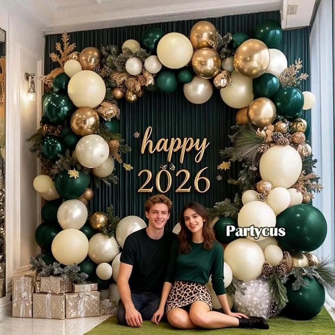 Emerald Green Gold Balloon Arch Kit, Double Stuffed Dark Forest Green Pearl White Sand Ivory Balloon Garland for Birthday Wedding Anniversary New Year Valentines Party Decoration