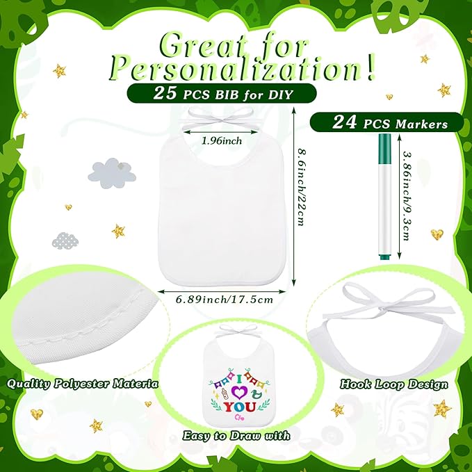 50 Pcs Baby Shower Game White Bib Kit Include 1 Wooden Baby Shower Game Sign 25 DIY Blank White Bibs 24 Colorful Markers(Animal)