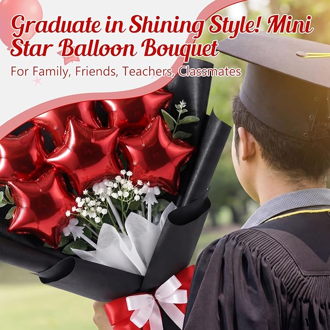 30 Pcs Star Self Inflatable Balloons with Bow Stems Star Foil Balloons Mini Pentagram Decoration for Patriotic Independence Day Graduation Birthday Baby Shower Anniversary(Red,6 Inches)