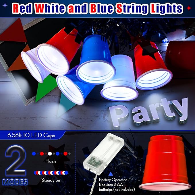 Hiboom Red White and Blue Cups Light, Christmas Shot Cups Fairy String Lights Battery Operated LED for 4th of July Independence Day Christmas Decor Memorial Day Bar Graduation RV Party(1 Pack)