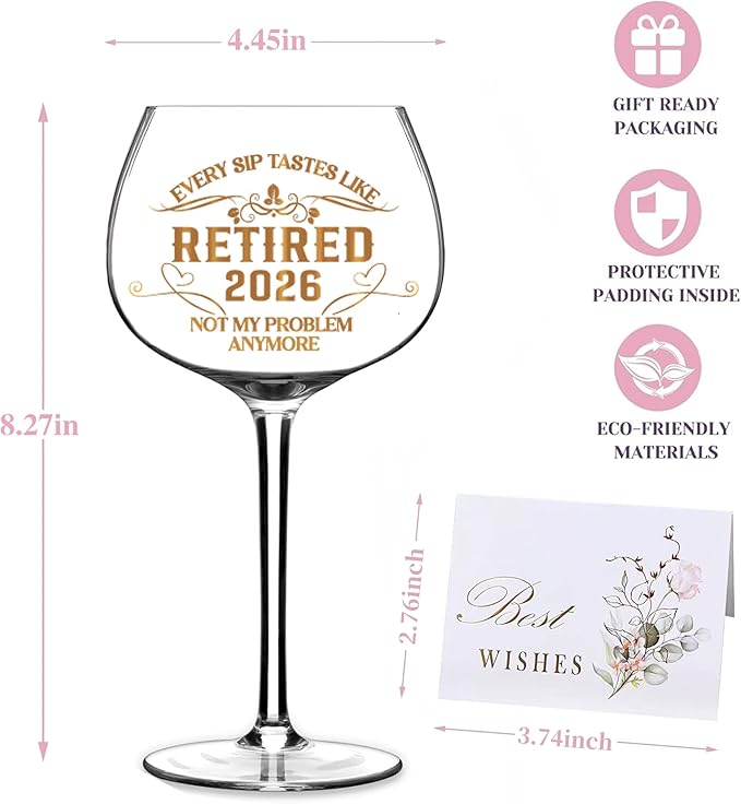2026 Retirement Gifts for Women men,Funny Retirement Decorations，Retired Wine Glass For Women men 16 Oz, Farewell Card for Retired Woman.