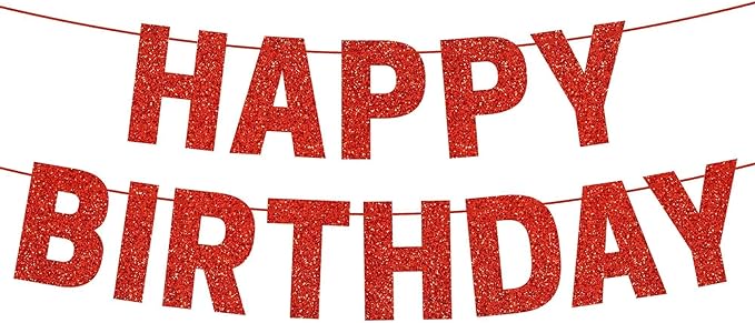 Pre-strung Happy Birthday Banner - No DIY - Red Glitter Happy Birthday Party Banner for Men Woman Boys Girls - Pre-strung on 8 ft Strands - Red Bday Party Decorations & Decor. Did We Mention No DIY