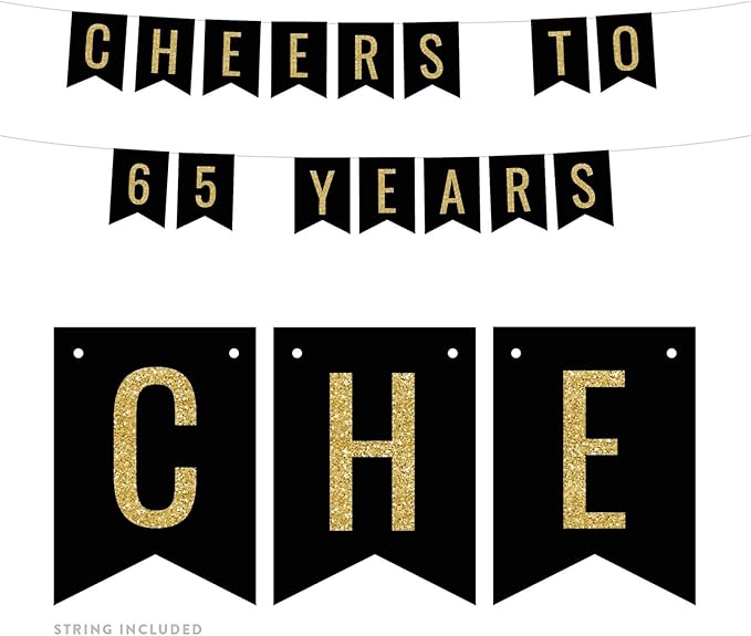 Andaz Press Faux Gold Glitter on Black Birthday Party Banner Decorations, Cheers to 65 Years, Approx 5-Feet, 1-Set, 65th Birthday Milestone Colored Hanging Pennant Decor