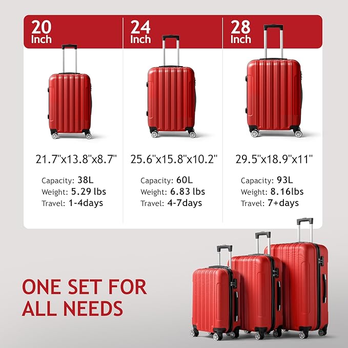 Karl home Luggage Sets 3 Piece, Hardside Carry on Suitcase Sets with Spinner Wheels & TSA lock, Portable Lightweight ABS Luggages for Travel, Business - Bright Red, 20/24/28in