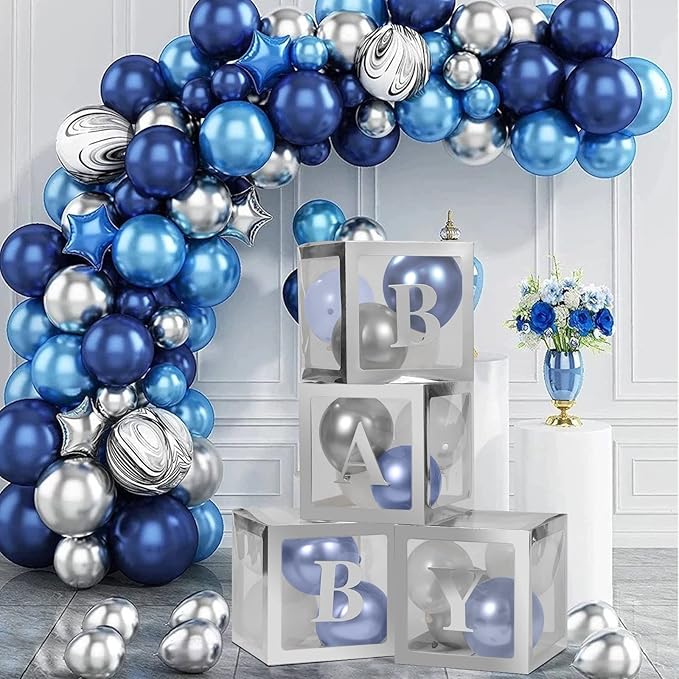 Baby Boxes with Letters - 4 Transparent Balloon Boxes for Baby Shower, Gender Reveal, Birthday & Wedding Decorations (Silver)