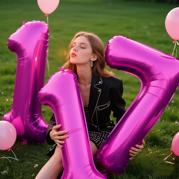 40 Inch Large 17 Balloon Numbers Rose Purple Big Foil Number Balloons Giant Helium Happy Birthday Party Decorations for Man and Women, Huge Mylar Anniversary Party Supplies