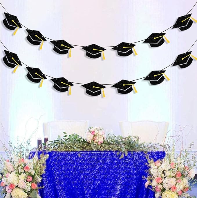 Graduation Decorations Class of 2026 Black Grad Banner Glitter Pre-strung Graduation Cap Banner for 2026 Congrats Grad Decor Party Supplies