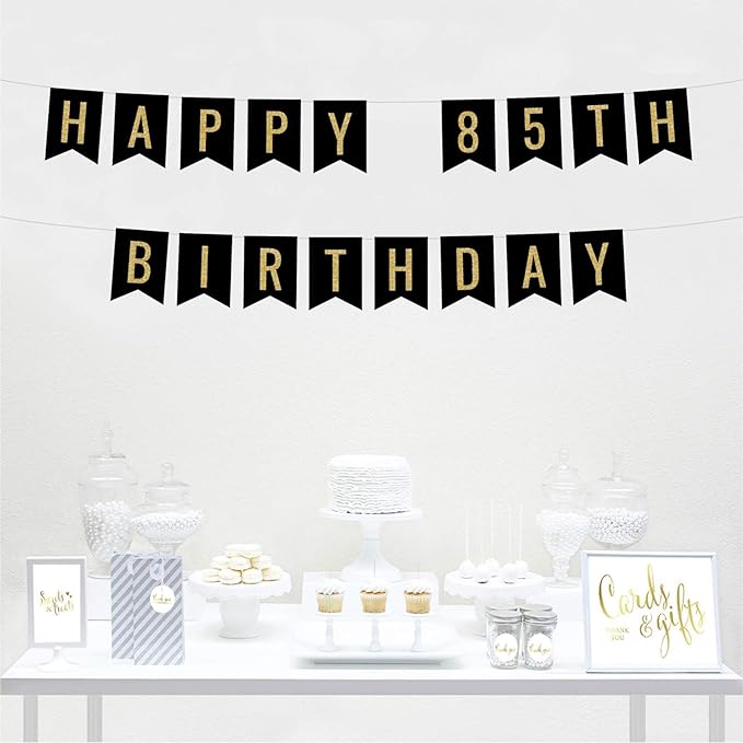 Andaz Press Faux Gold Glitter on Black Birthday Party Banner Decorations, Happy 85th Birthday, Approx 5-Feet, 1-Set, Milestone Colored Hanging Pennant Decor