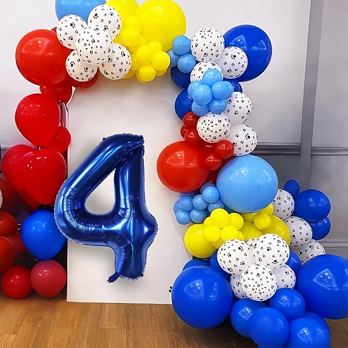 3rd Birthday Decorations Boy, Dog Paw Three Years Old Party Arch with Red Blue Yellow Long Latex Balloons 40 inch Number 3 Balloon and Star Foil for Paw Birthday Party Supplies