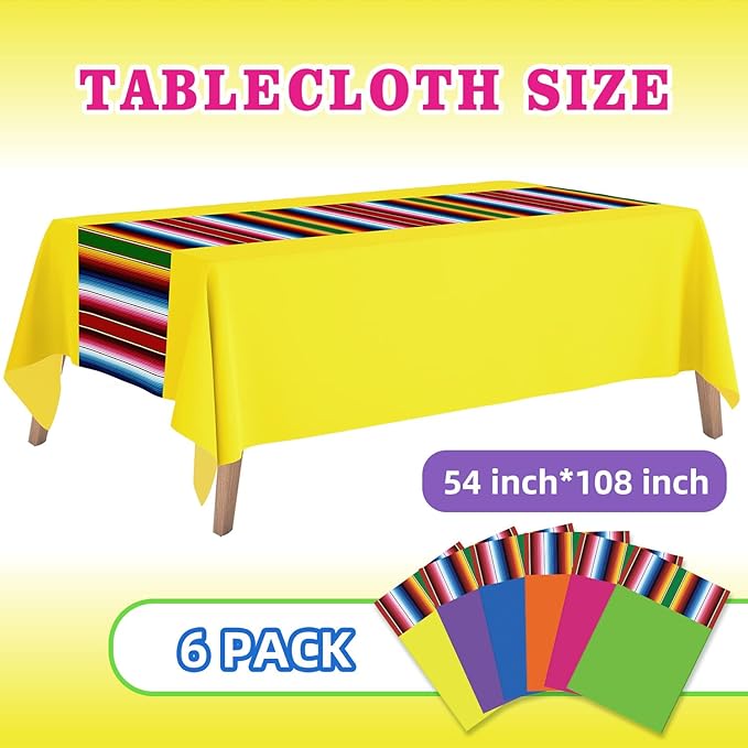 6 Pack Mexican Party Decorations Tablecloths - 108 x 54 Inch Large Fiesta Tablecloth for Cinco de Mayo, Taco Twosday Birthday Party Supplies - 6 Colors
