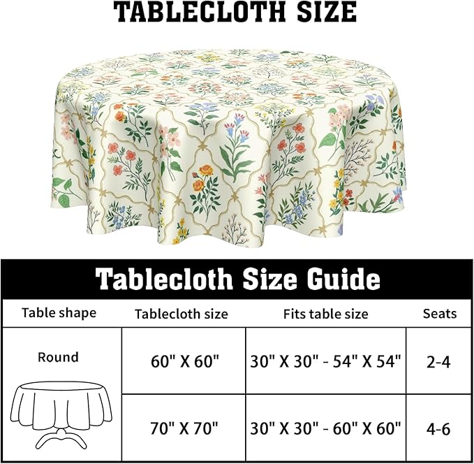 Spring Floral Round Tablecloth Wildflower Circle Table Cloth 70 Inch Beige Vintage Rustic Farmhouse Table Cover Washable Polyester Indoor for Home Kitchen Dinning Party Decor