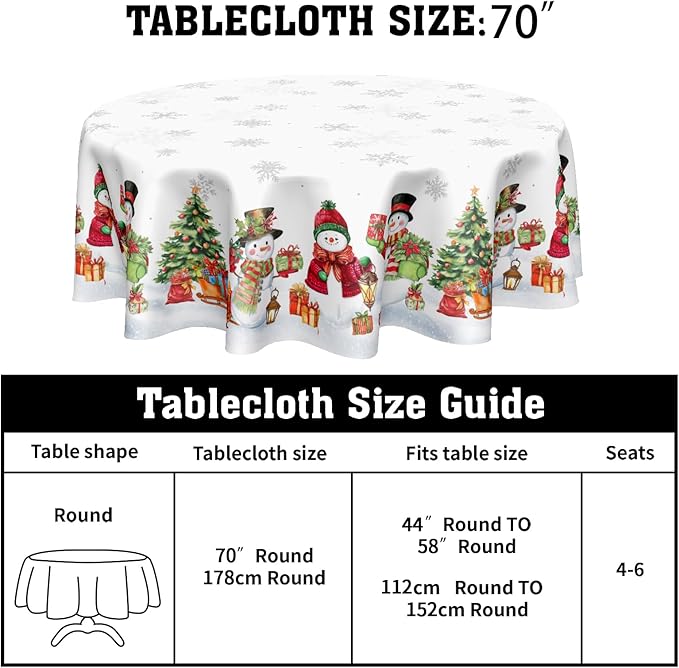 Christmas Snowflake Round Tablecloth White Tablecloth 70 Inch Xmas Snowman Pattern Circle Table Cloth Winter Holiday Table Cover Indoor Decor for Home Kitchen Dinning Party