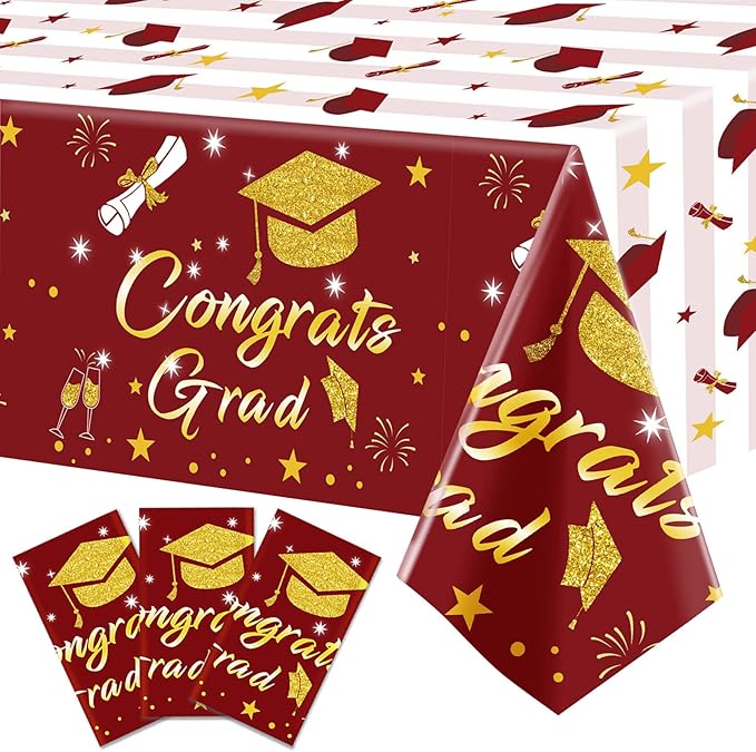 Graduation Tablecloth Party Decorations Class of 2026 3 Pack Maroon and Gold 54"x108" Congrats Grad Disposable Rectangle Table Cover Plastic Burgundy Table Cloth for College High School Party Supplies