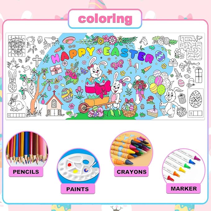 JUNQIU Easter Coloring Tablecloth for Kids, 72 * 31Inch Giant Color Poster - Easter Games, Activity, Party, Painting Crafts for Kids
