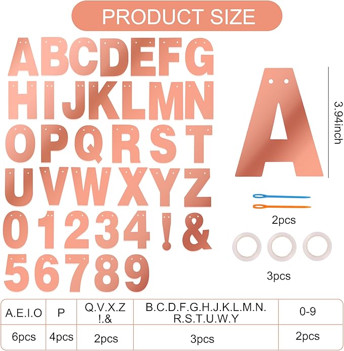 BEISHIDA 116 PCS A-Z DIY Letter Banner Kit Make Your Own Banner Double-Sided Rose Gold Including 111 Letters and Numbers 3 Rope and 9 Threading Device,Customized for Birthday Graduation Wedding Decor