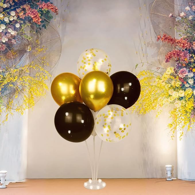 Ainiv 2 Set Table Balloon Stand Kit with Lights, Light Up Balloon Holder Include 16 Black Gold Latex Confetti Balloons, Graduation Party Decorations for Birthday, Weddings, Anniversary, Christmas