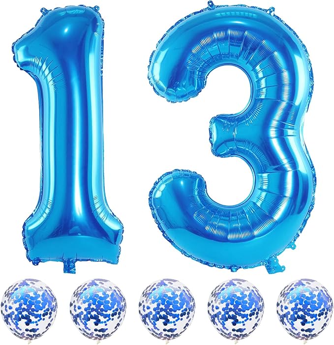 13th Birthday Balloons for Boys, 40 Inch Blue Foil Number 10 Balloons with Confetti Latex Helium Balloons, Blue Birthday Party Balloons Numbers 1 and 3 for Men Girls 13th 31st Anniversary Decorations