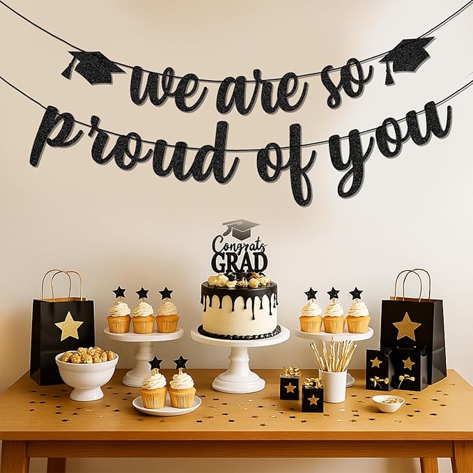 We Are So Proud of You Banner – Black Glitter Graduation Decorations 2026, Pre-Strung Congrats Grad Banner for College, High School, Senior Party, No Assembly Required, Class of 2026 Decor
