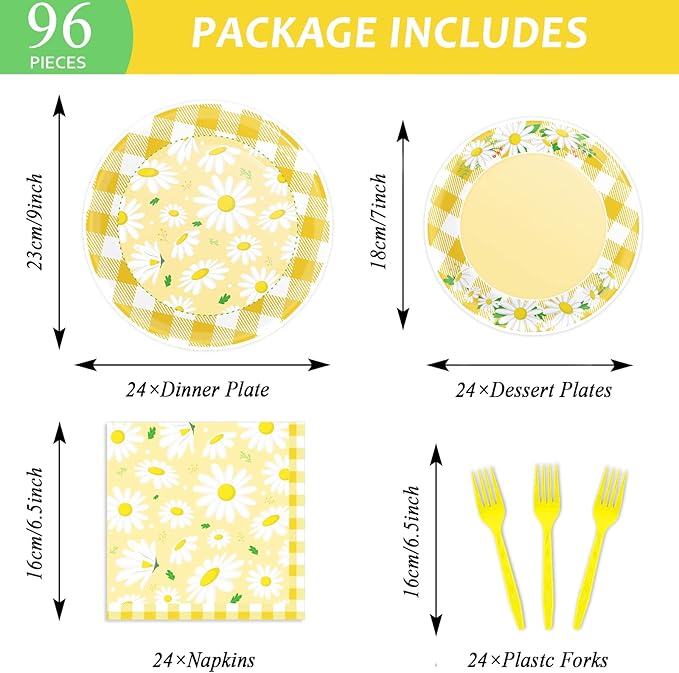 Wiooffen 96 Pcs Daisy Flower Party Supplies for 24 Guests Daisy Party Tableware Set Yellow Daisy Flower Birthday Party Pack Paper Plate Napkin Fork for Birthday Party Wedding Bridal Baby Shower