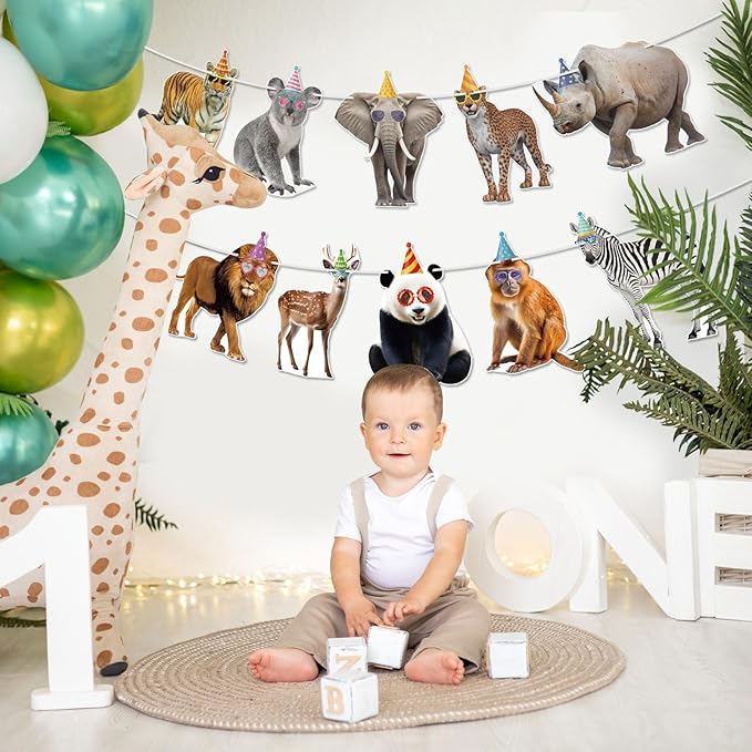 Hooqict Safari Animals Happy Birthday Banner Animal Birthday Decorations Party Animal Banner Garland Sign for Jungle Theme Decorations Kids Wild Zoo Party Supplies