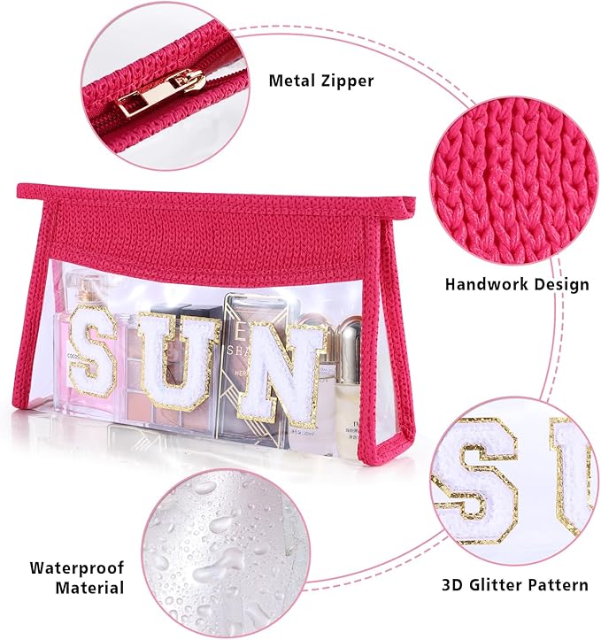 Sunscreen Bag Clear Makeup Bag Chenille Letter Sun Cosmetic Pouch Summer Beach Essential Cute Toiletry Pouch Travel Accessories Gifts for Women
